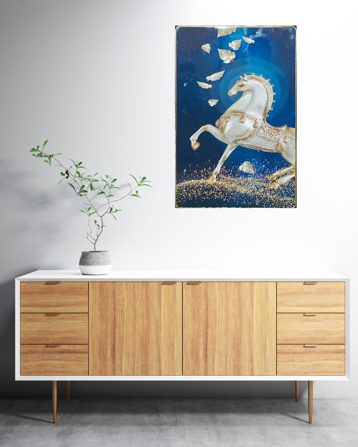 Crystal Painting for Wall Decoration with Golden Frame, Size 40 X 61 Cm-  Crystal White Horse