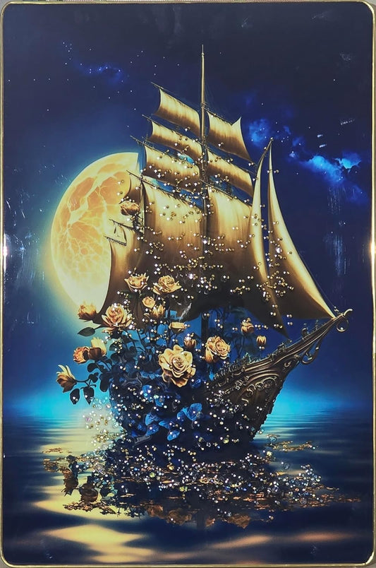 Crystal Painting for Wall Decoration with Golden Frame, Size 40 X 61 Cm-  Crystal Ship