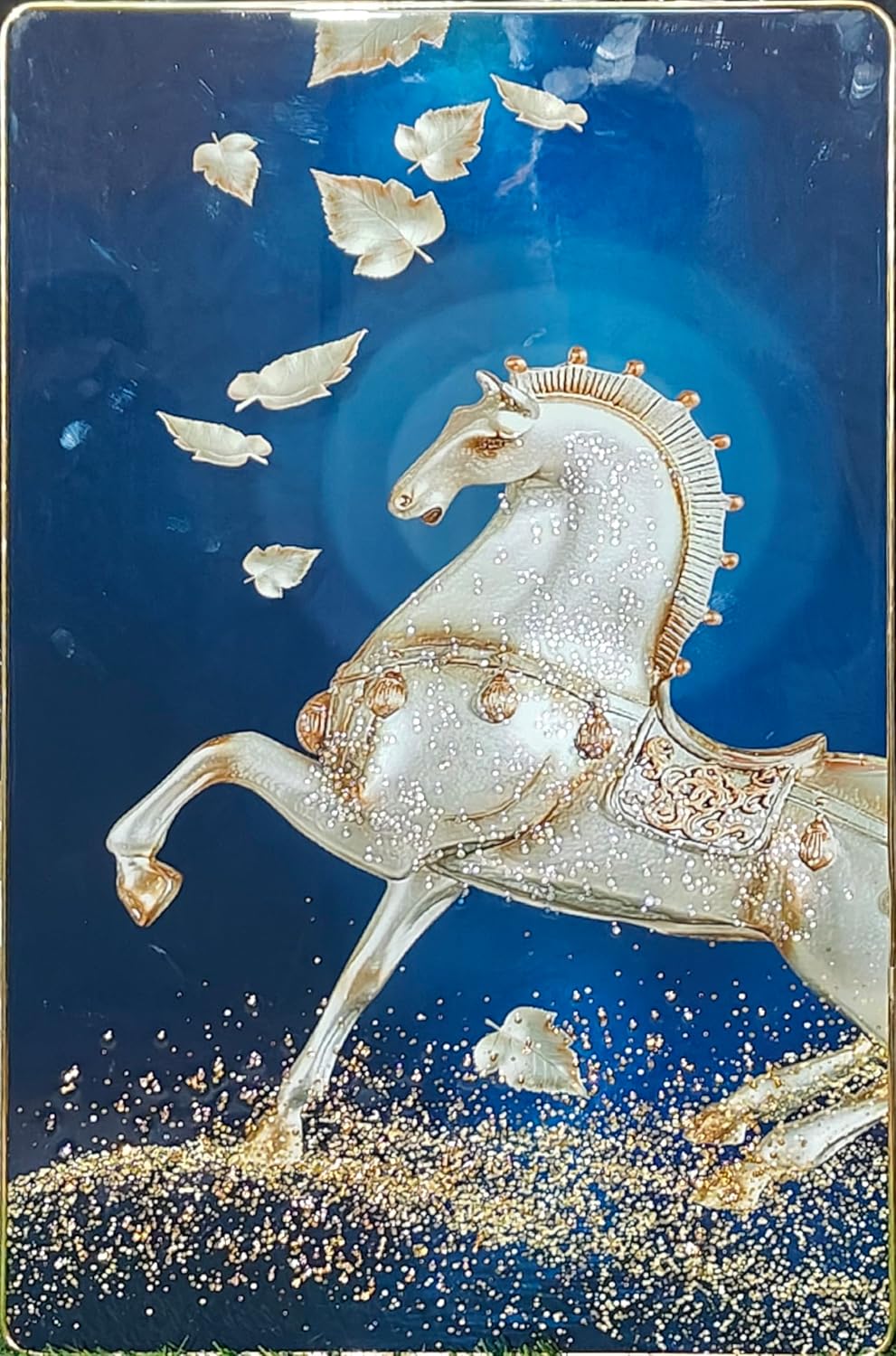 Crystal Painting for Wall Decoration with Golden Frame, Size 40 X 61 Cm-  Crystal White Horse