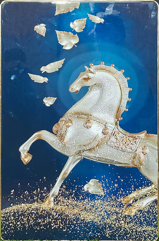 Crystal Painting for Wall Decoration with Golden Frame, Size 40 X 61 Cm-  Crystal White Horse