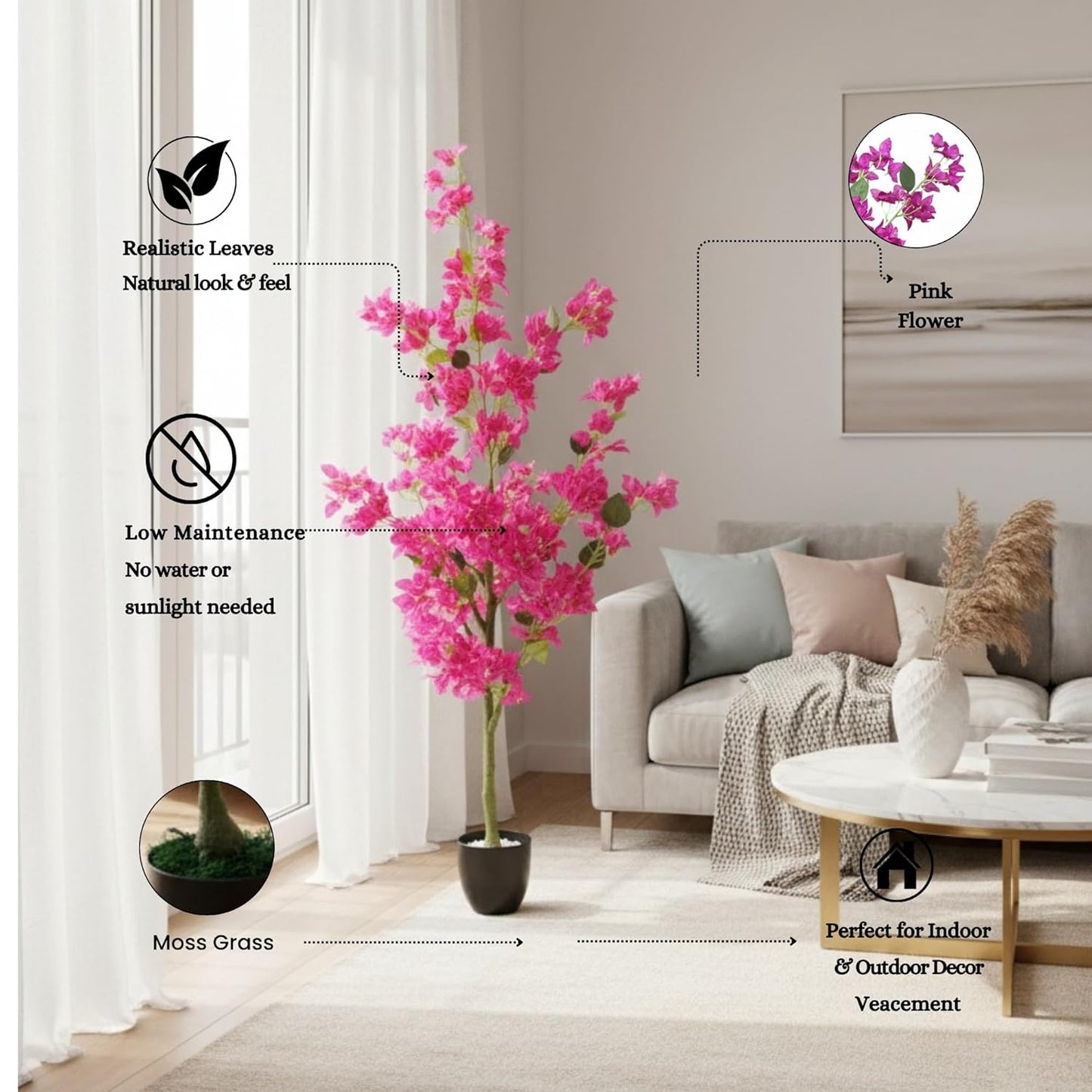 Artificial Cherry Bougainvillea Plant Realistic Faux Flowering Tree with Pot (Purple)