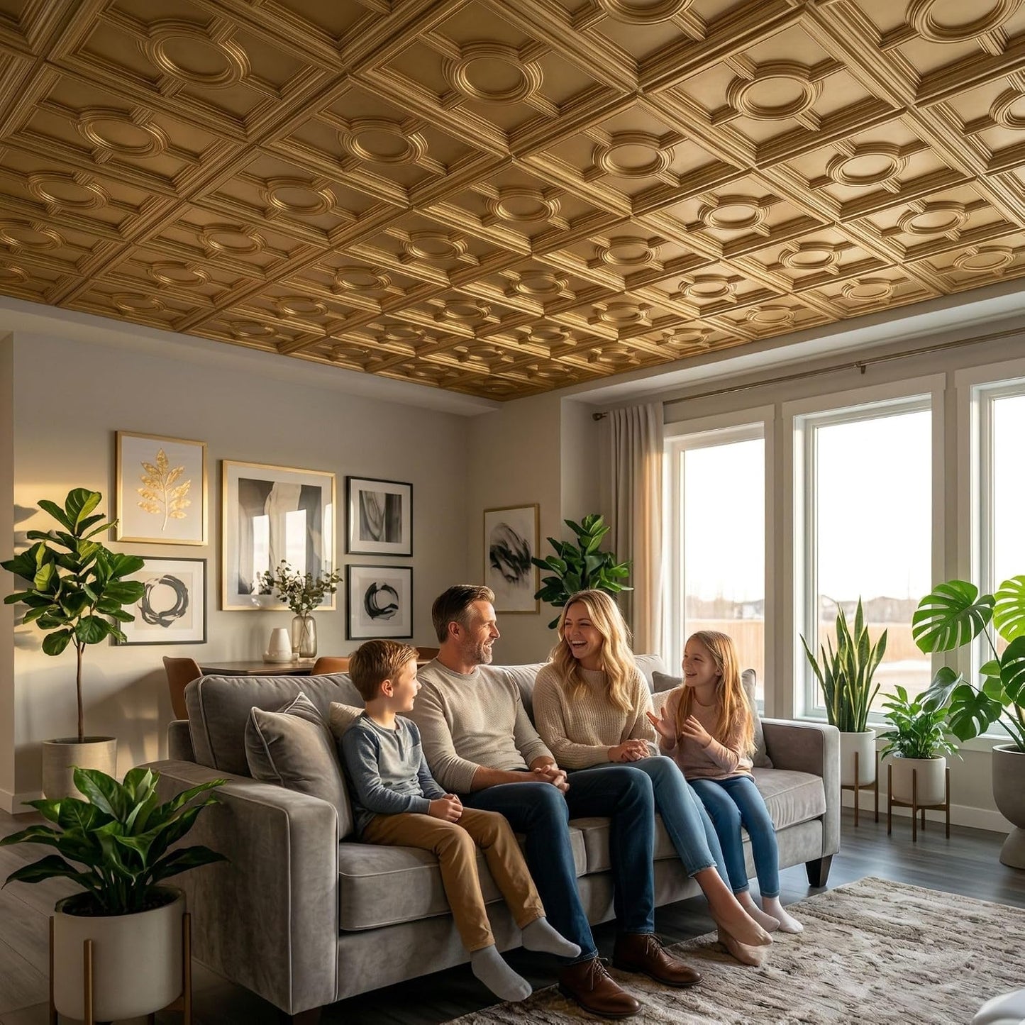 Modern PVC False Ceiling - 60x60 cm Medallion Design Champagne Gold