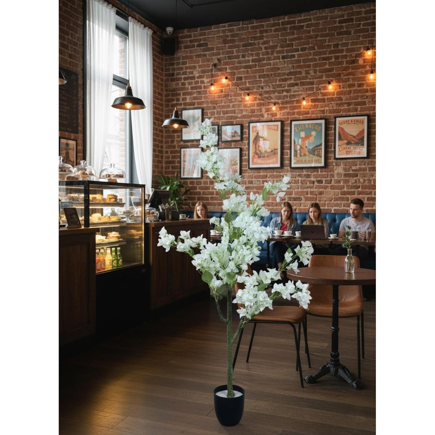 Artificial Cherry Bougainvillea Plant Realistic Faux Flowering Tree with Pot (White)