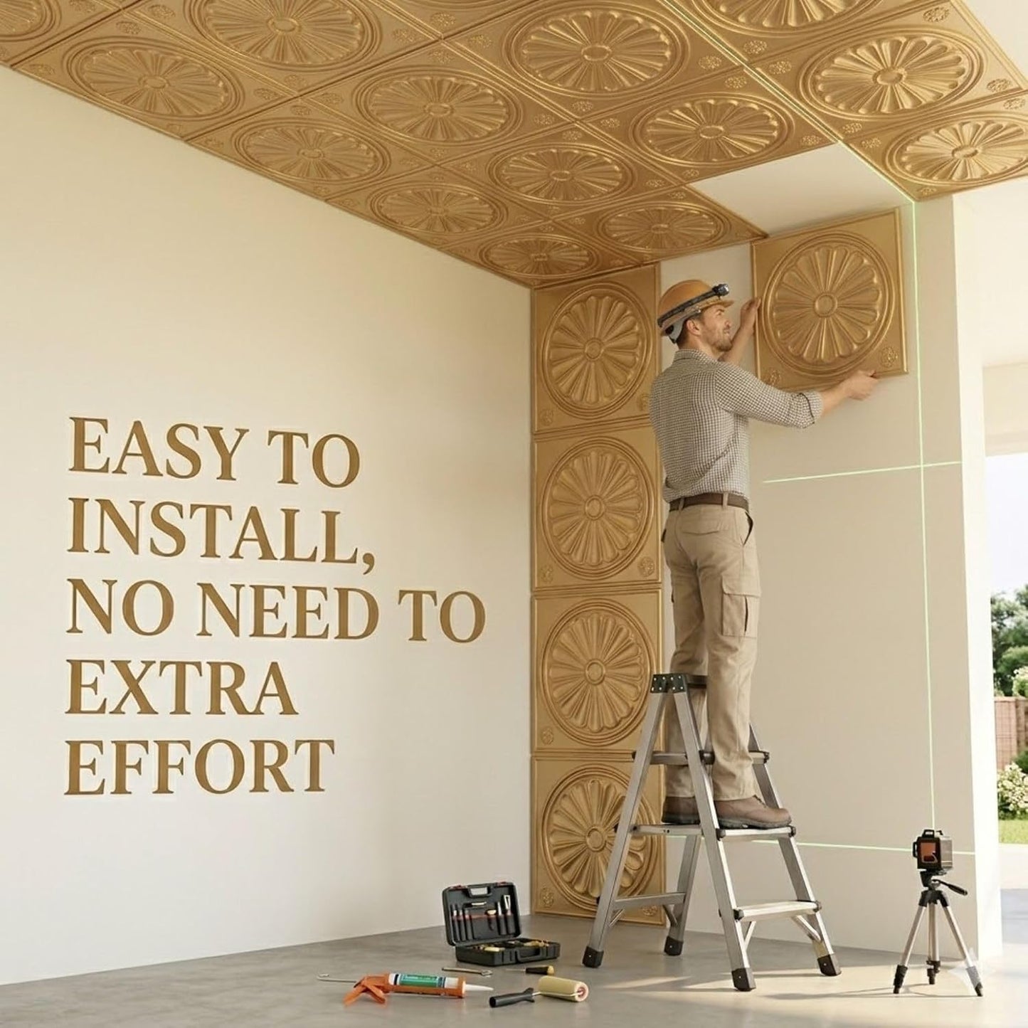 Champagne Gold Sunburst Design 3D PVC Ceiling Panel Front View3