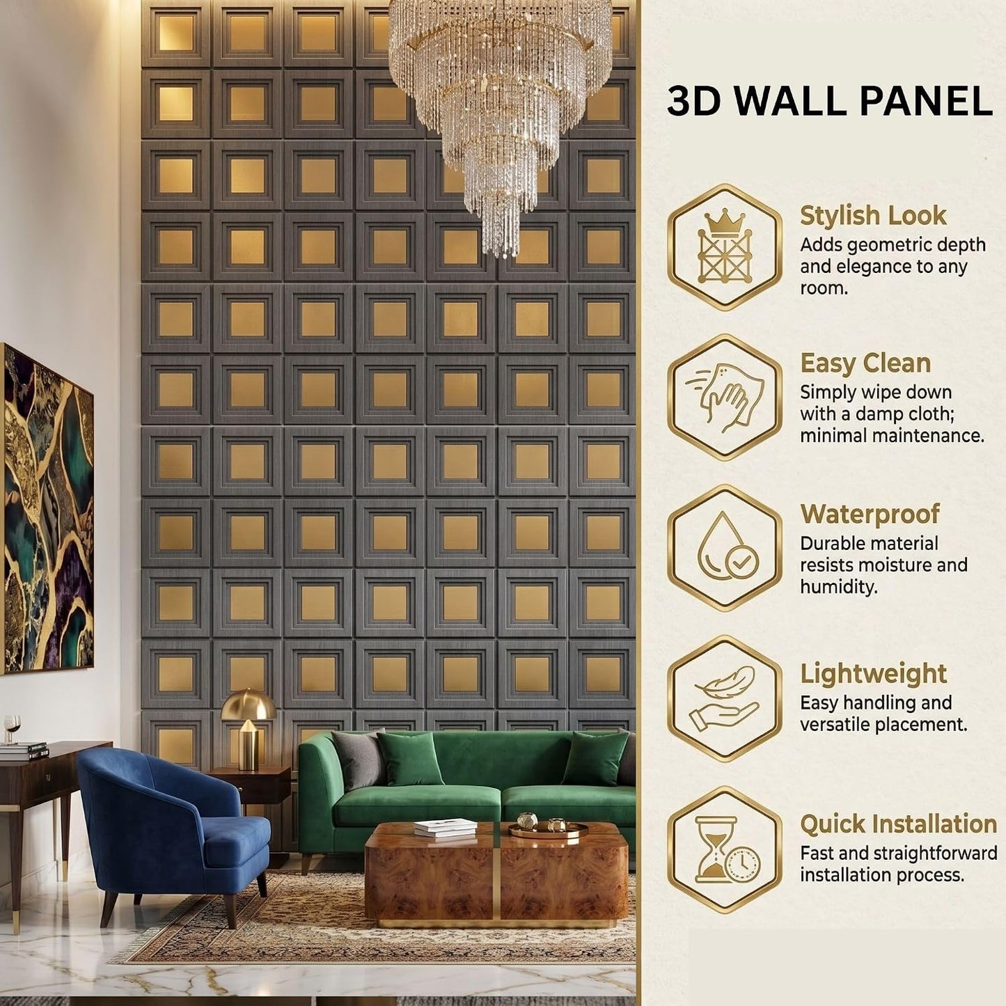 3D Wall Panels for Home Decor PVC Acrylic Square Box Design 50X50 cm