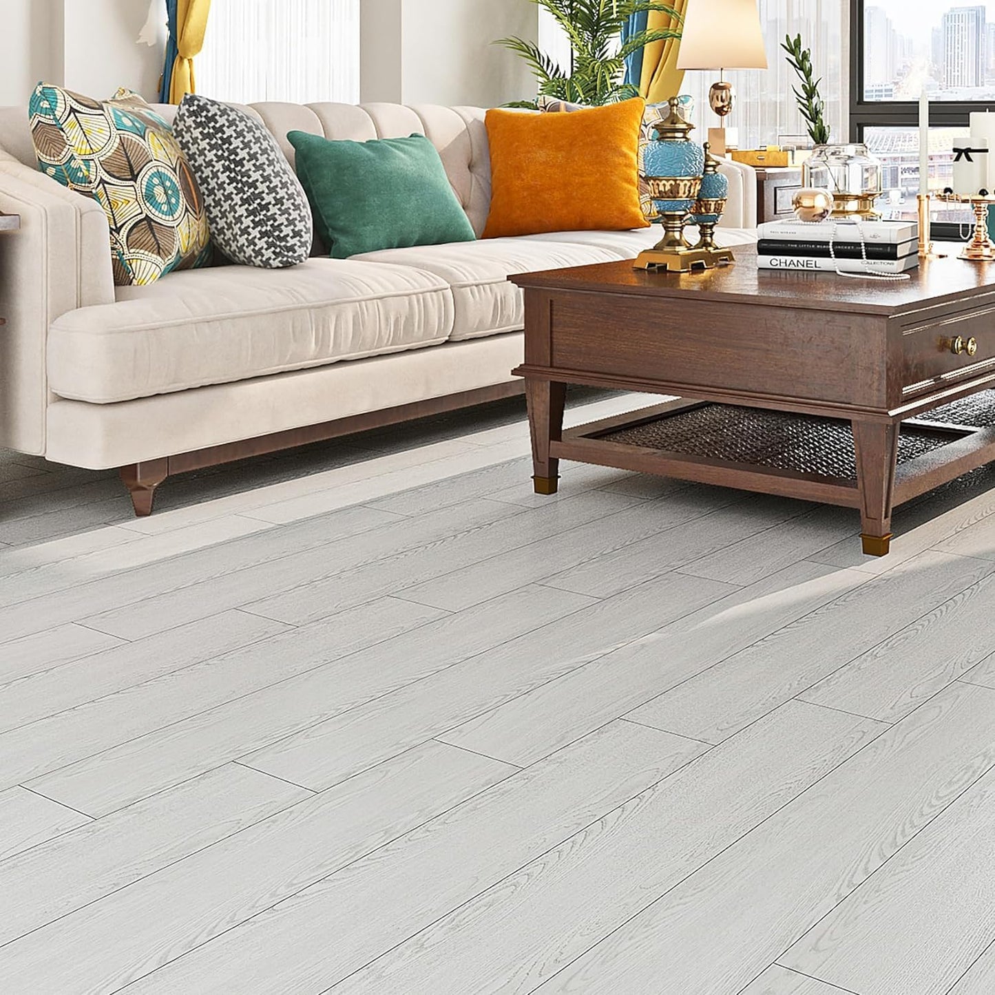 Peel and stick vinyl  floor planks - 91 X 15 cm (72pcs in a pack) covering 108sqft area- Light Grey