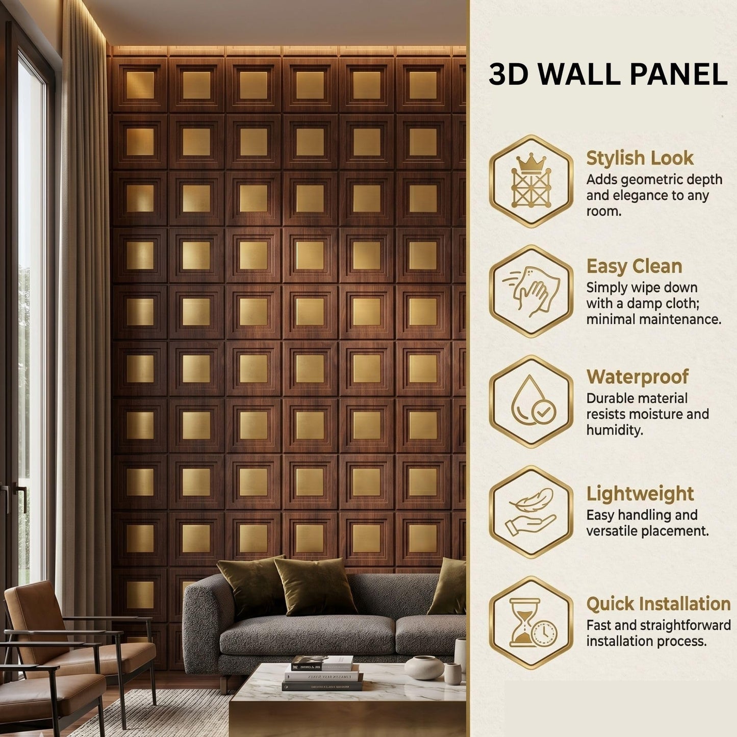 3D Wall Panels for Home Decor PVC Acrylic Square Box Design 50X50 cm