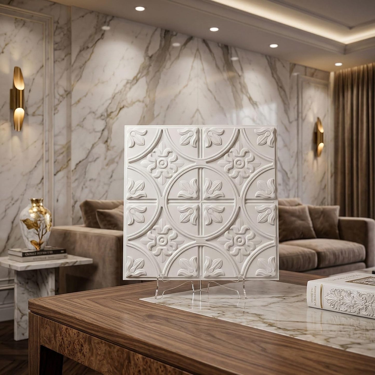White Ornamental Floral Panel Design 3D PVC Ceiling Front View3