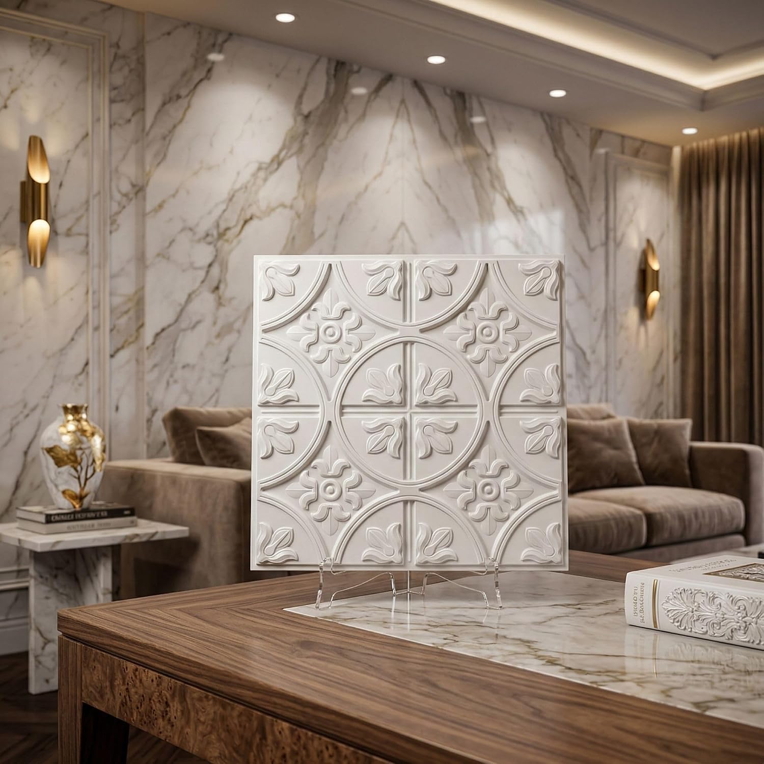 White Ornamental Floral Panel Design 3D PVC Ceiling Front View3