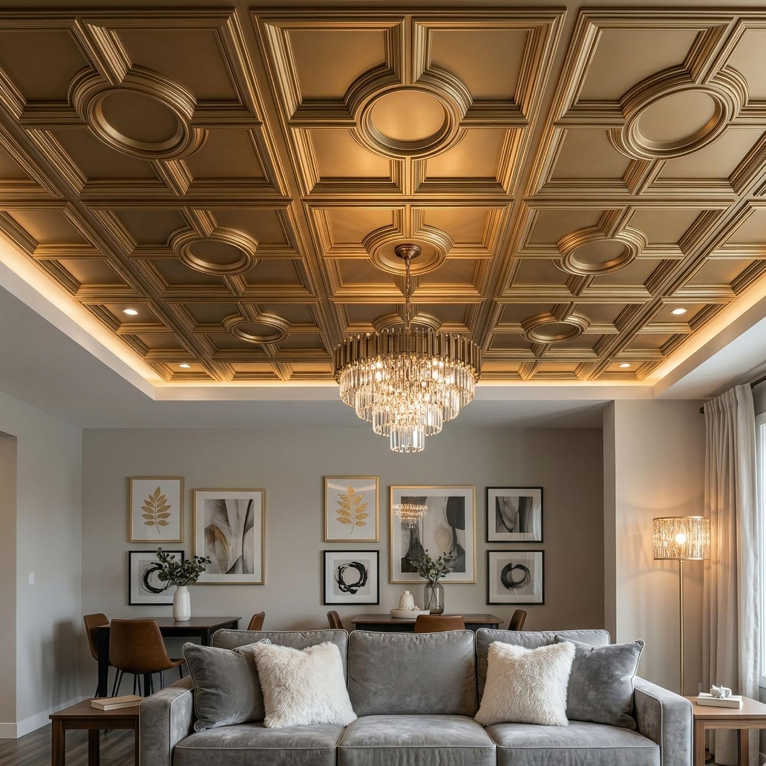Champagne Gold Regal Medallion Design 3D PVC Ceiling Panel Front View2