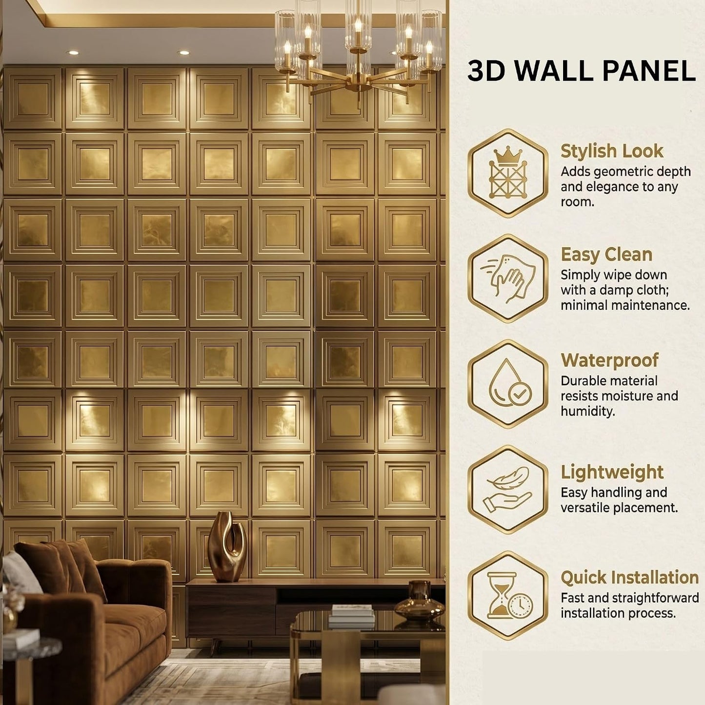 3D Wall Panels for Home Decor PVC Acrylic Square Box Design 50X50 cm