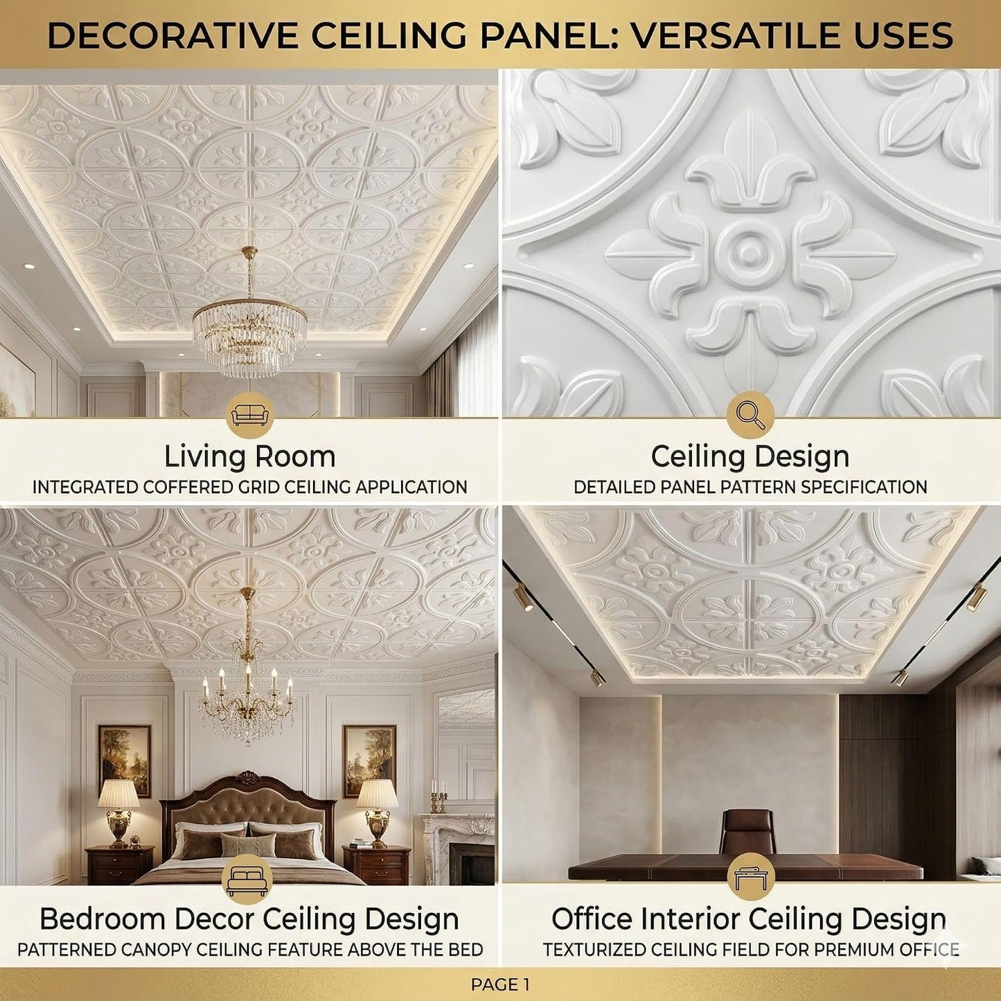 White Ornamental Floral Panel Design 3D PVC Ceiling Front View2