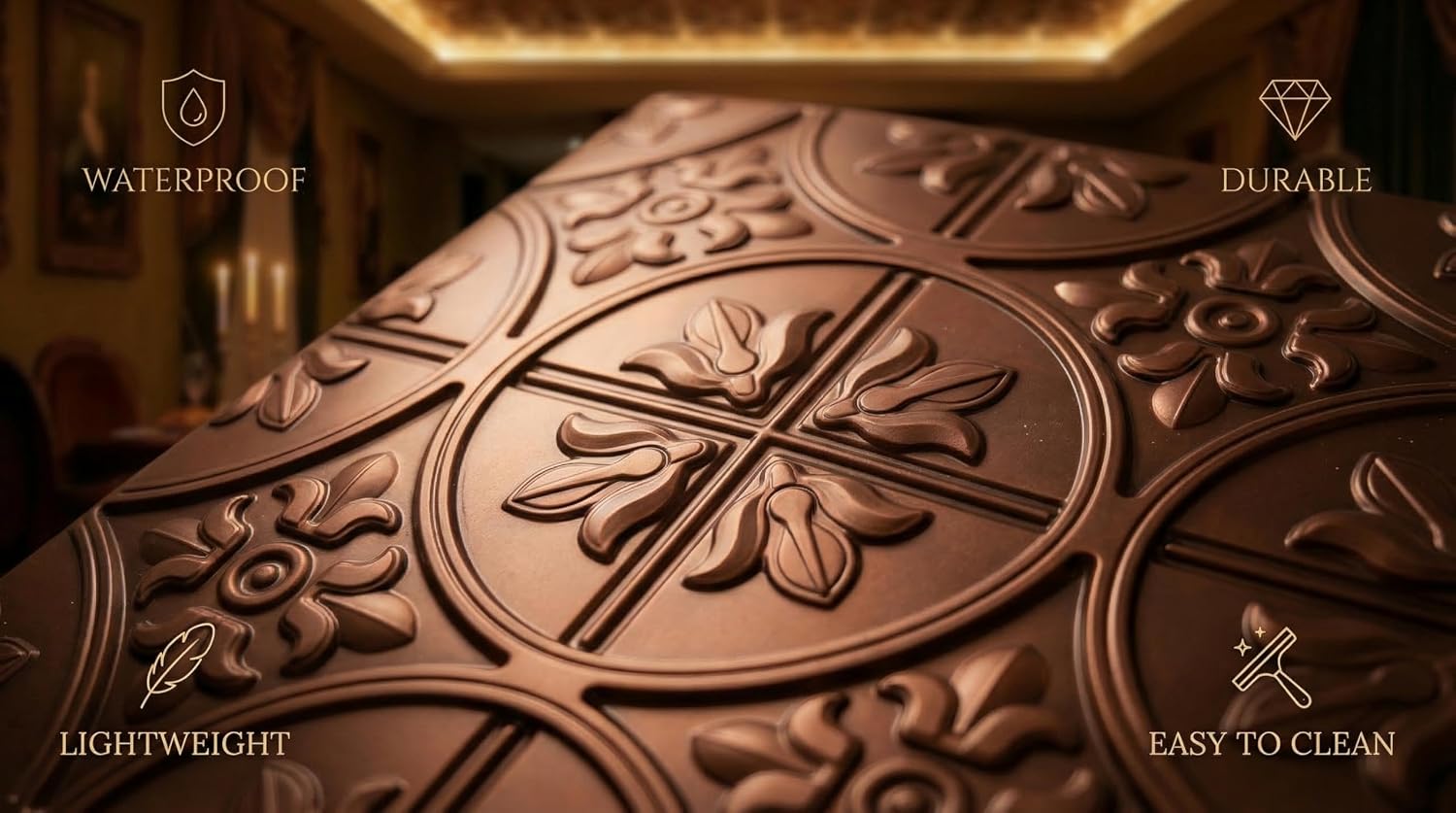 Red Copper Ornamental Floral  Design 3D PVC Ceiling Panel Front view3