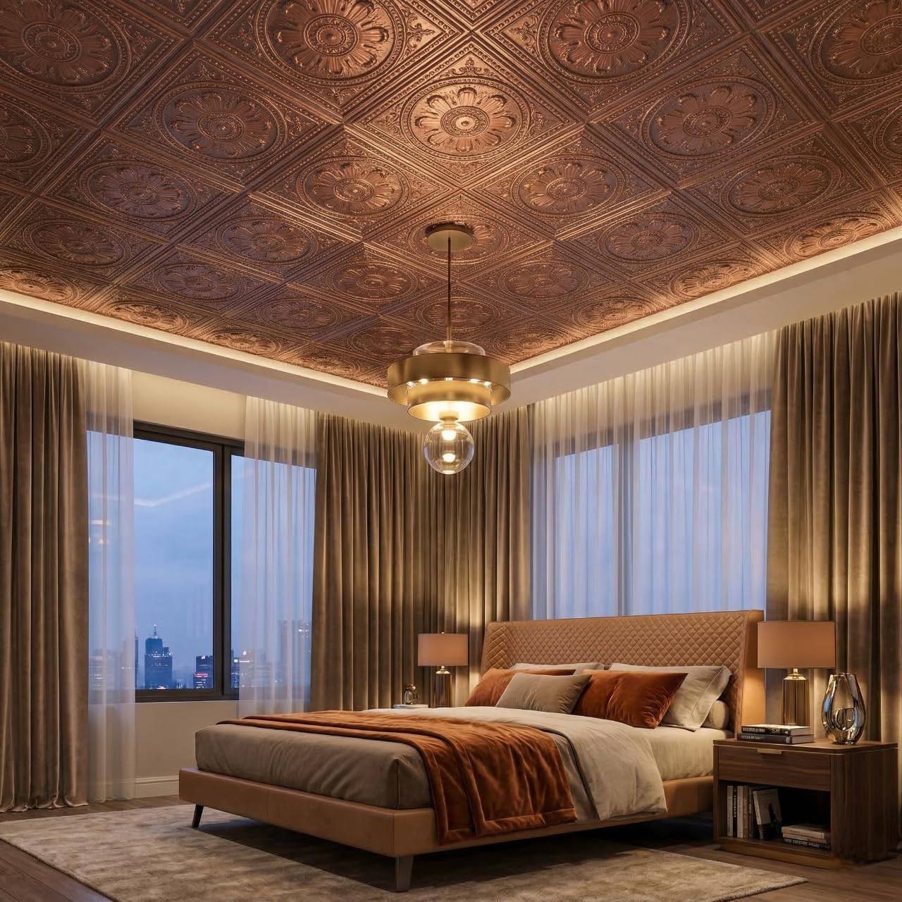 Red Copper Regal Ornate Design 3D PVC Ceiling Panel Measurement View