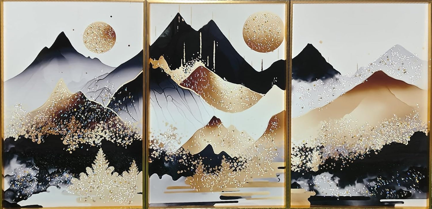 Crystal Painting for Wall Decoration with Golden Frame, Size- 41 X 61 Cm- Crystal Moon Mountains Set of 3