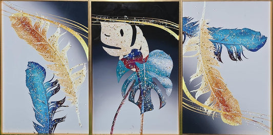 Crystal Painting for Wall Decoration with Golden Frame, Size- 41 X 61 Cm-  Crystal Feather Set of 3