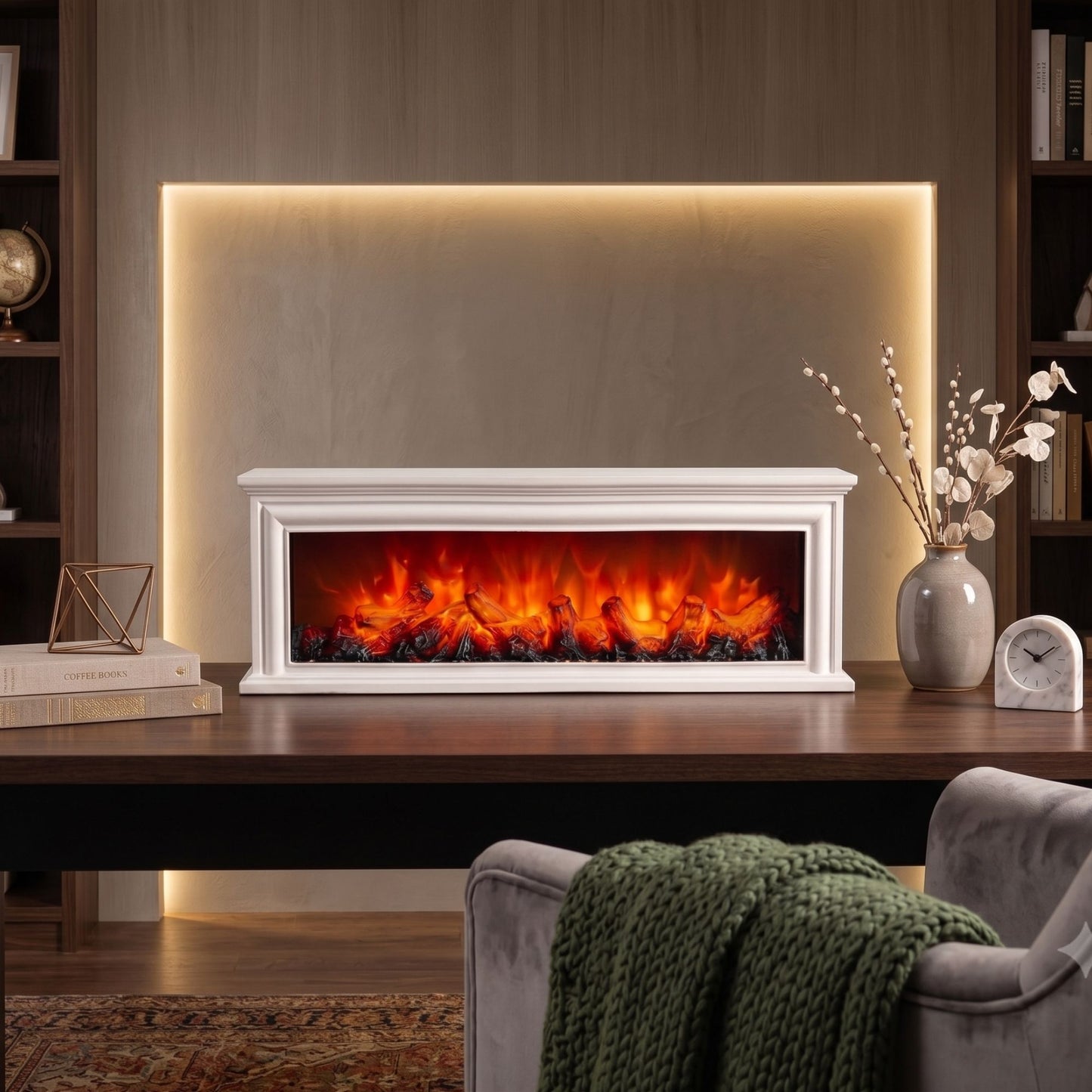 Modern Fluted LED Fireplace Light – Tabletop Flame-Classic White Mantel LED Fireplace Lantern