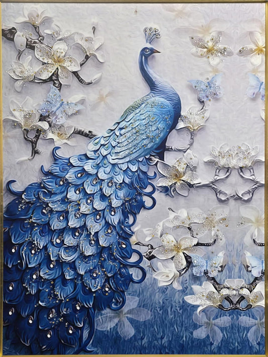 Crystal Painting for Wall Decoration with Golden Frame, Size- 61 X 81 Cm-  Crystal Peacock Flower