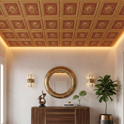 Modern PVC False Ceiling - 60x60 cm Rajwada Square Design Pink Gold