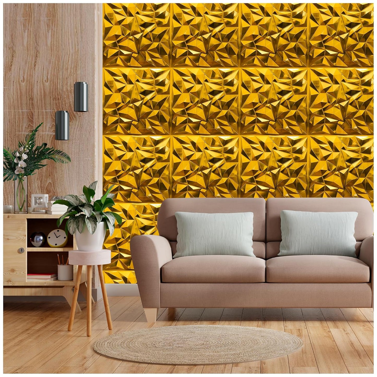 3D PVC Wall Panel, Diamond Design Golden(12Pc)