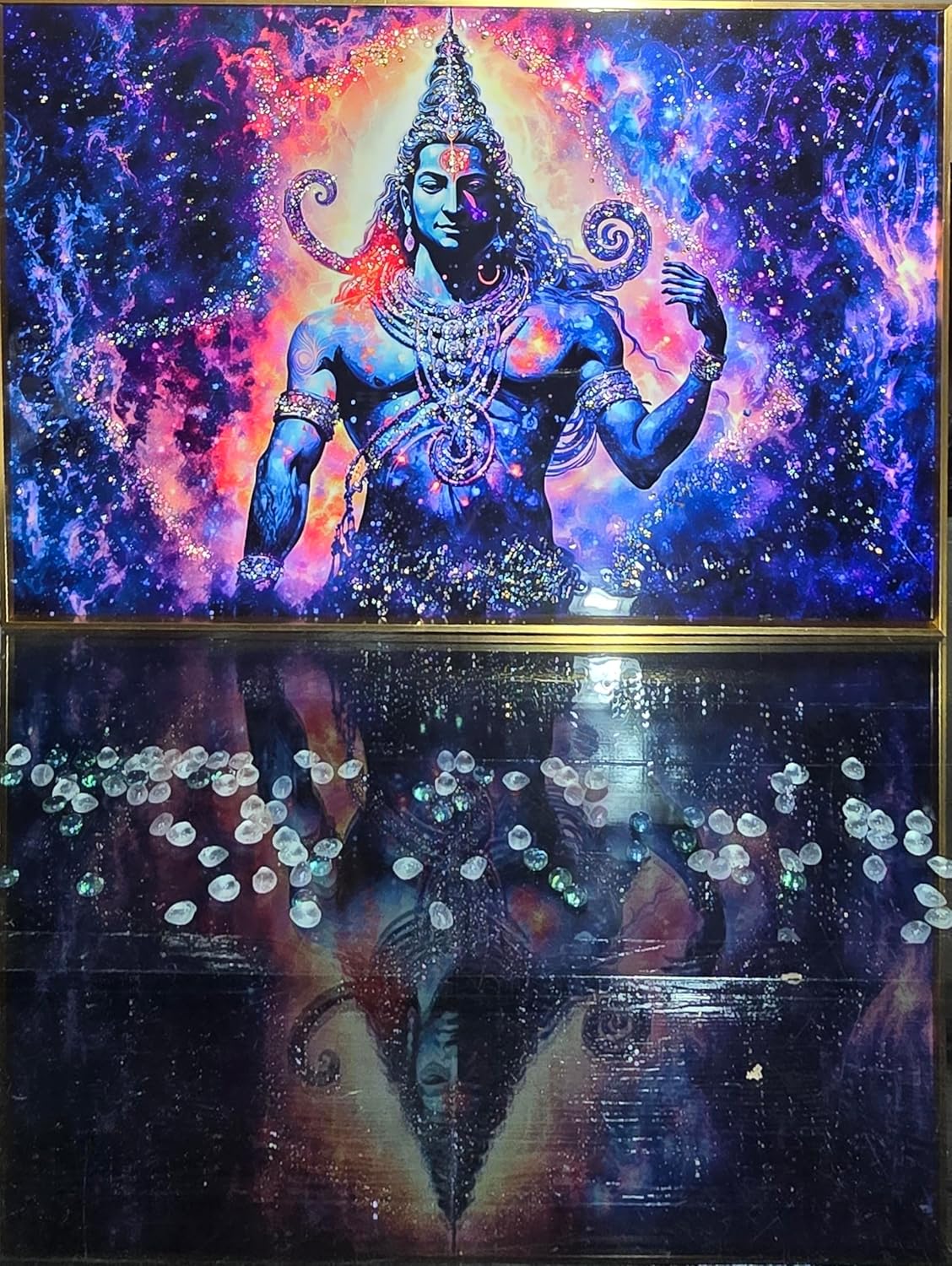 Crystal Painting for Wall Decoration with Golden Frame, Size- 61 X 91 Cm- Crystal Shiva