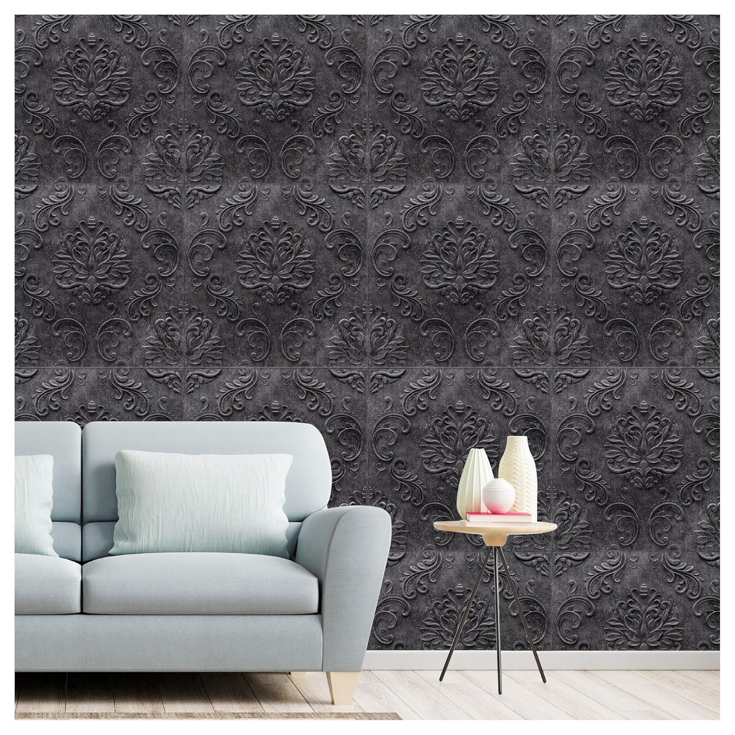 3D Self-Adhesive Wall Panels-(12Pc)Damask Grey