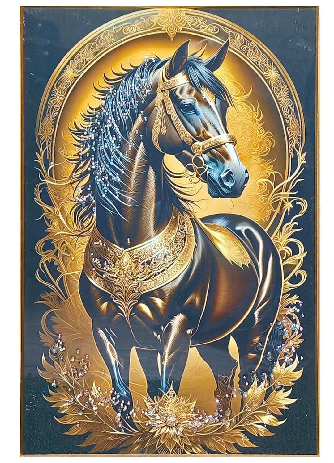 Crystal Painting for Wall Decoration with Golden Frame, Size 40 X 61 Cm- Crystal Black Horse