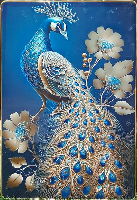 Crystal Painting for Wall Decoration with Golden Frame, Size 40 X 61 Cm- Crystal Peacock