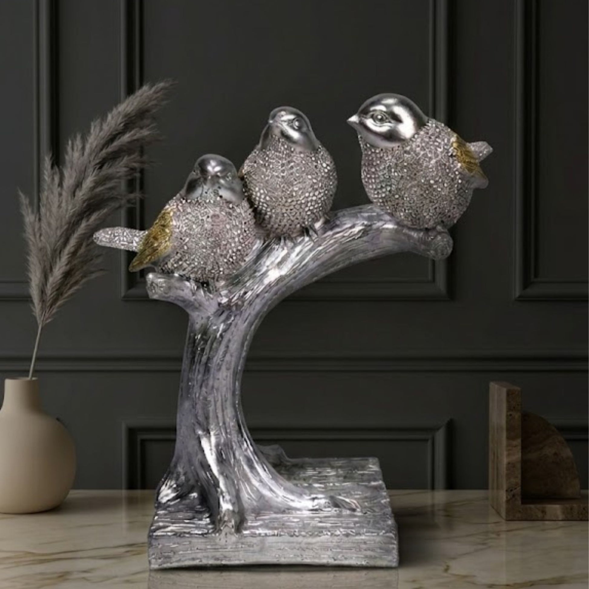 Abstract Modern Art Sculpture Showpiece for Home Decor -Silver 3 Birds Tree