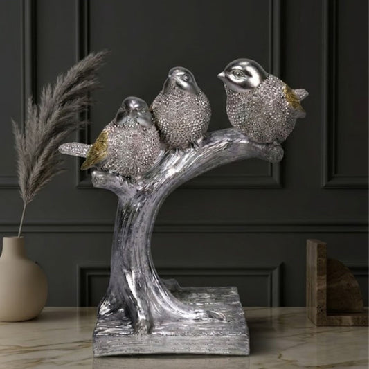Abstract Modern Art Sculpture Showpiece for Home Decor -Silver 3 Birds Tree