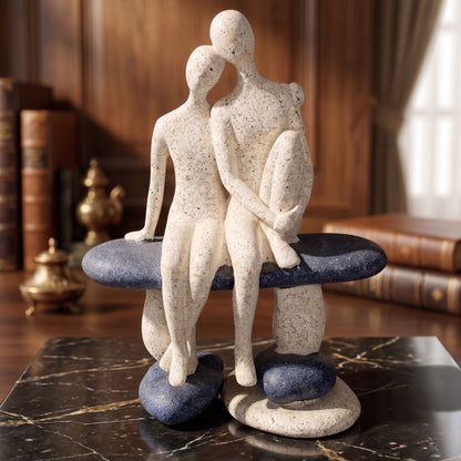 Abstract Romantic Couple Resin Statue Sitting on Bench (Stone-Finish Showpiece)