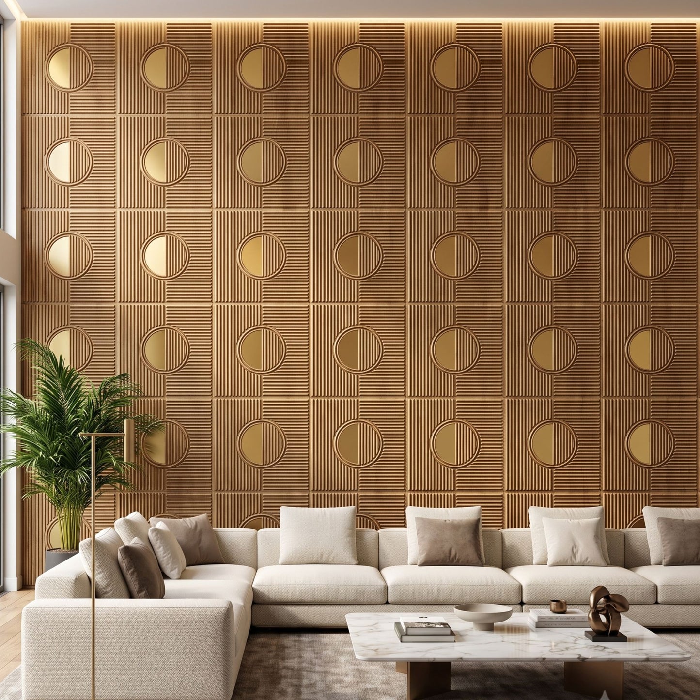 Beech Wood - Gold Self Adhesive PVC wall Panels Fluted Circle Design
