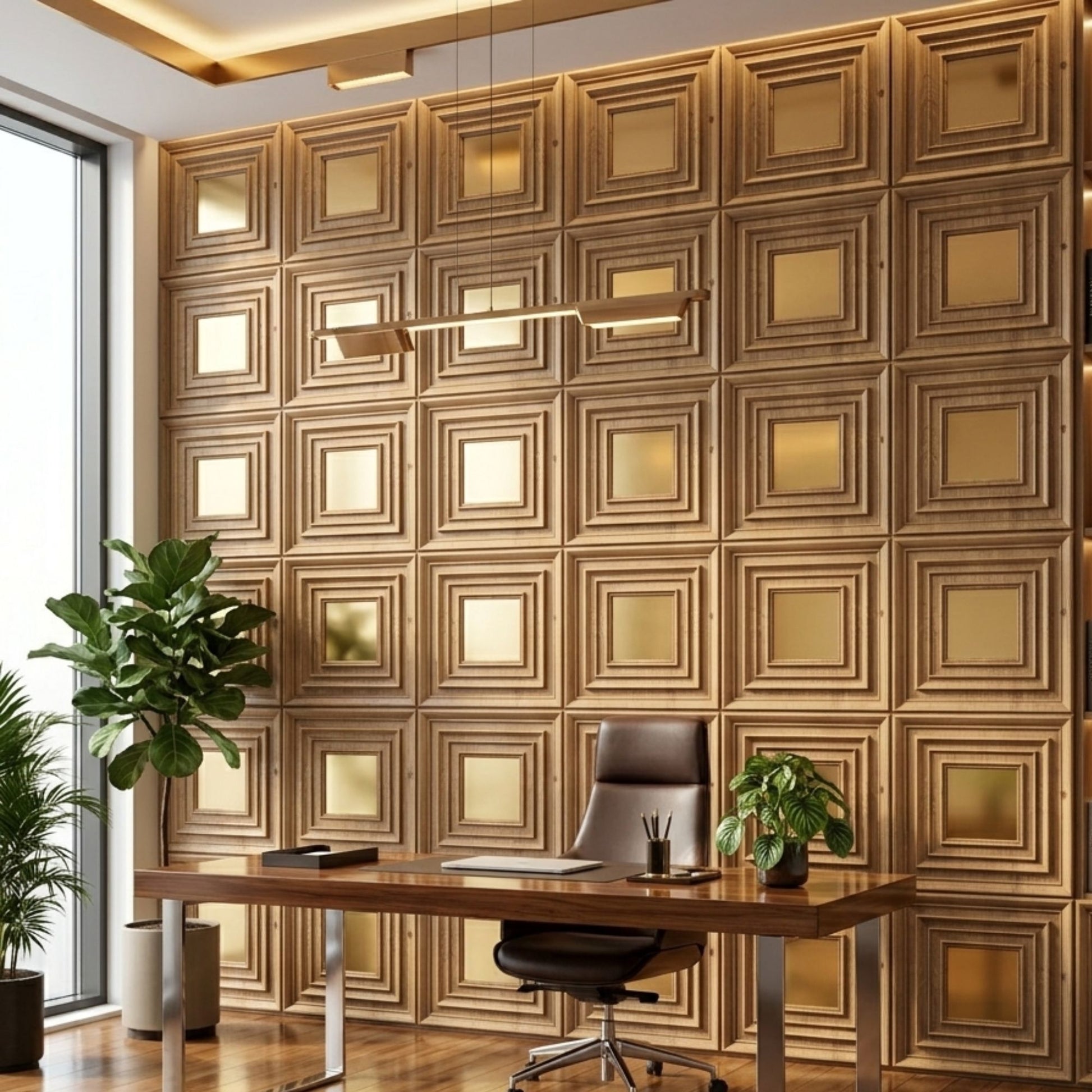 Beech Wood Gold Accent Design Acrylic 3D Wall Panel-1