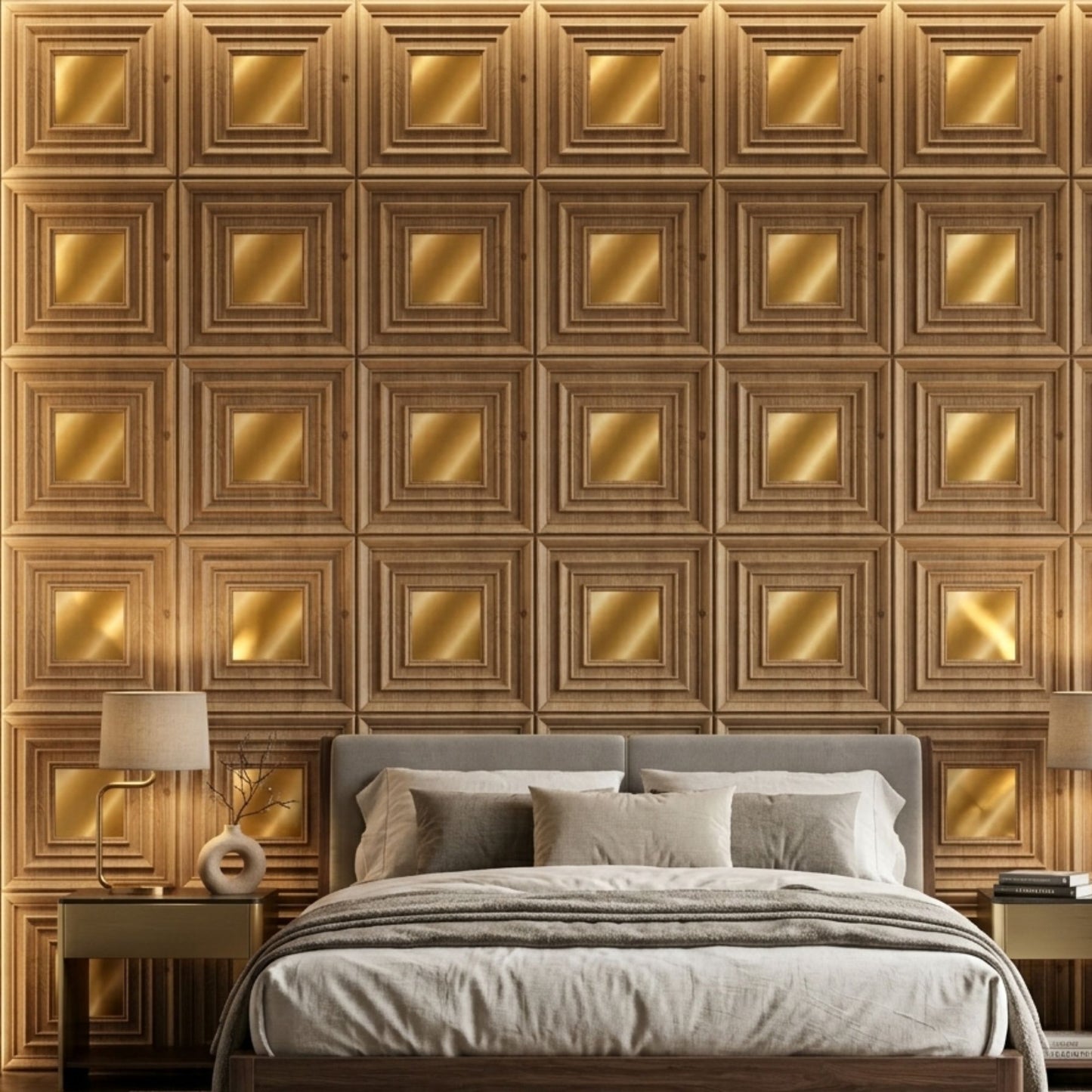 Beech Wood Gold Accent Design Acrylic 3D Wall Panel-2