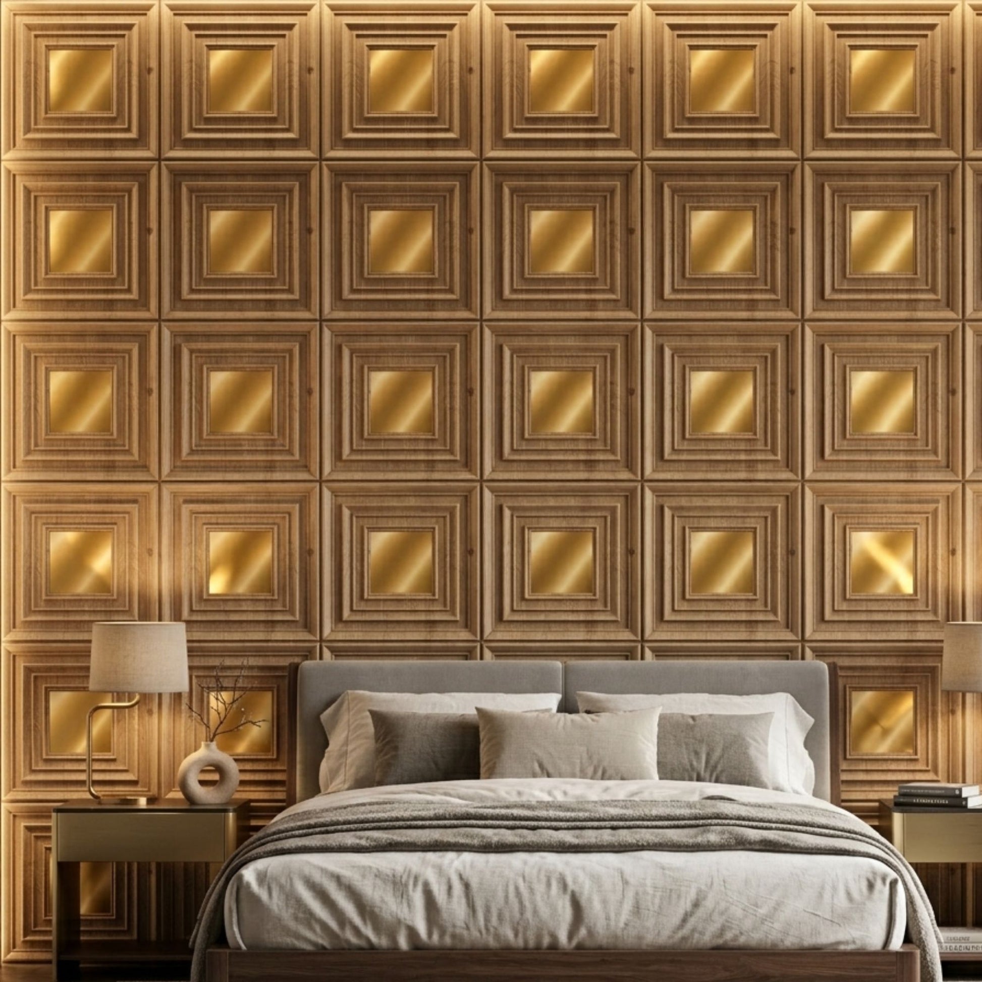 Beech Wood Gold Accent Design Acrylic 3D Wall Panel-2
