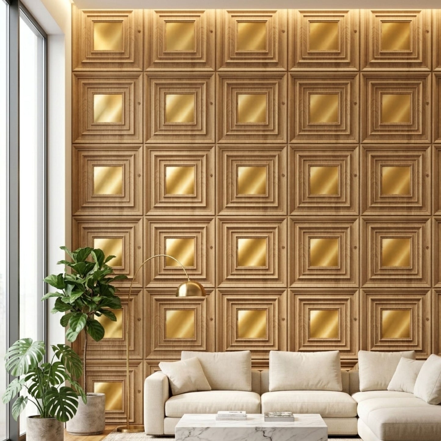 Beech Wood Gold Accent Design Acrylic 3D Wall Panel-3
