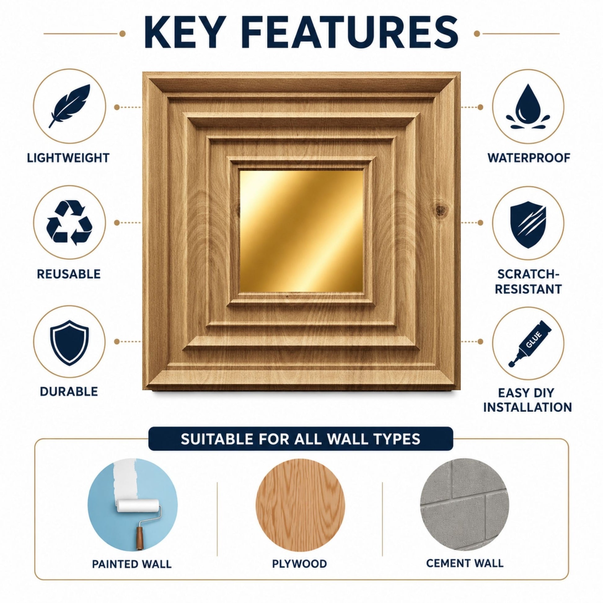 Beech Wood Gold Accent Design Acrylic 3D Wall Panel-5