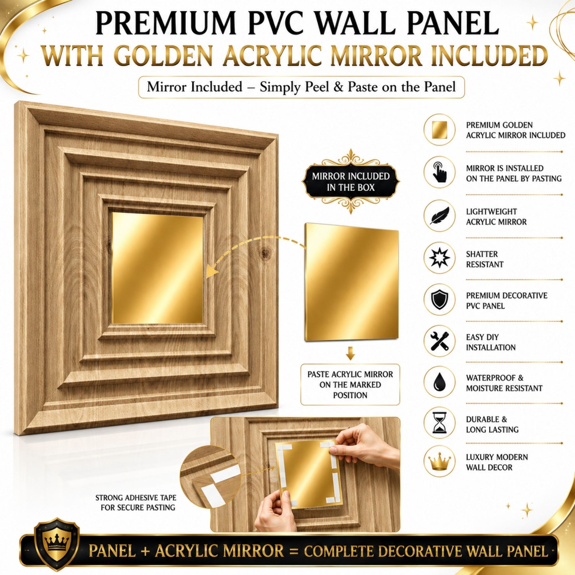 Beech Wood Gold Accent Design Acrylic 3D Wall Panel-6