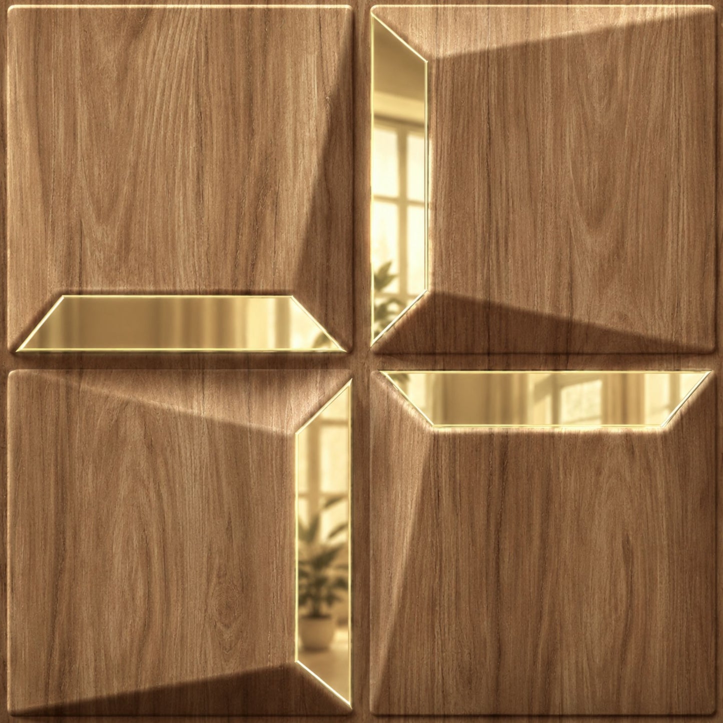 Beech Wood Gold Acrylic Cube Design 3D Wall Panel
