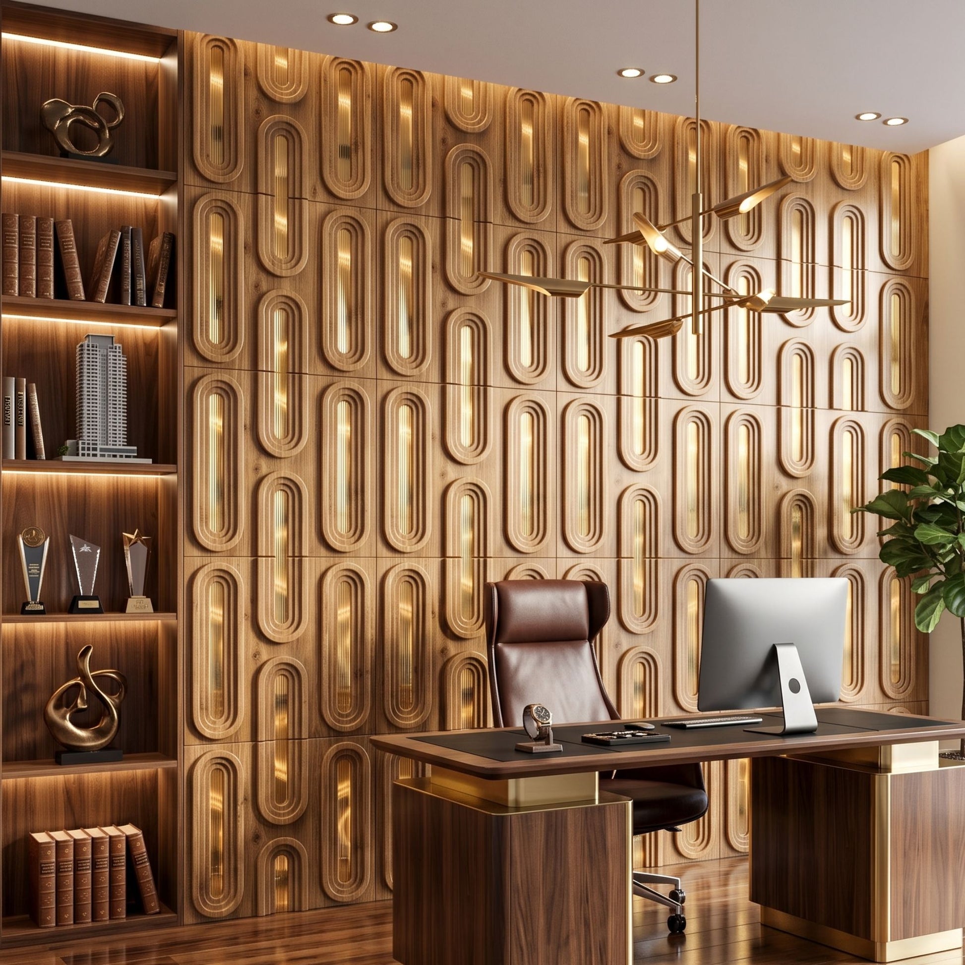 Beech Wood Gold Acrylic Loops Design 3D Wall Panel-2