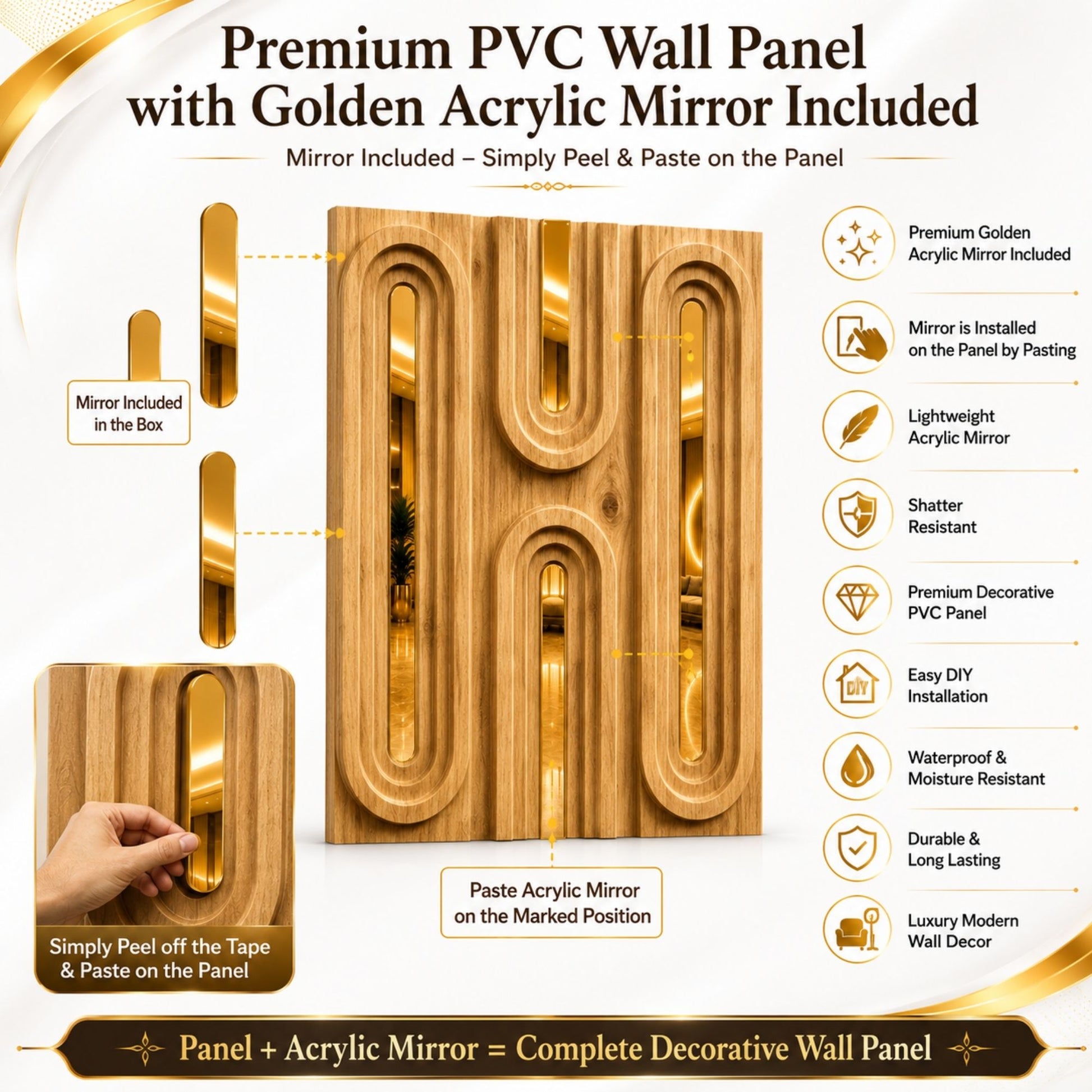 Beech Wood Gold Acrylic Loops Design 3D Wall Panel-6
