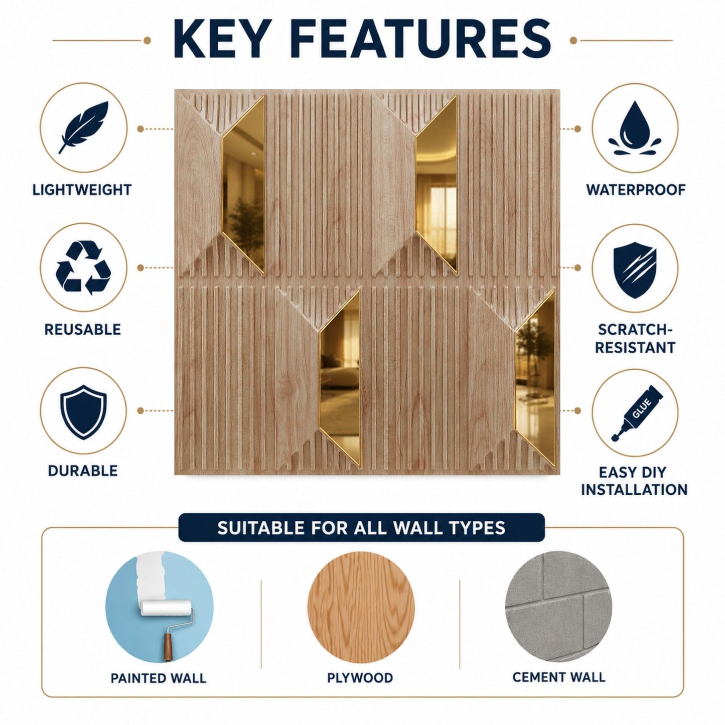 Beech Wood Gold Artisan Design Acrylic 3D Wall Panel-4