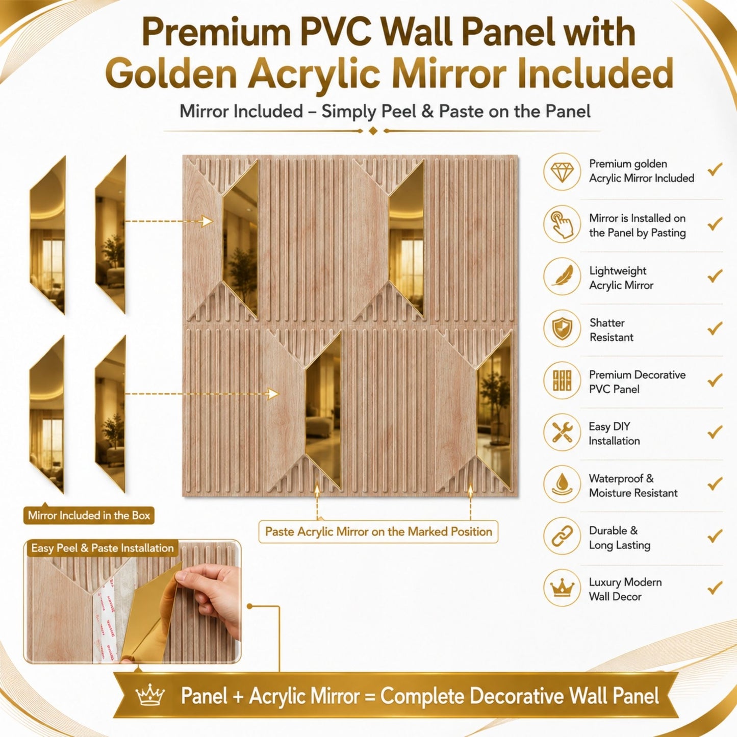 Beech Wood Gold Artisan Design Acrylic 3D Wall Panel-5