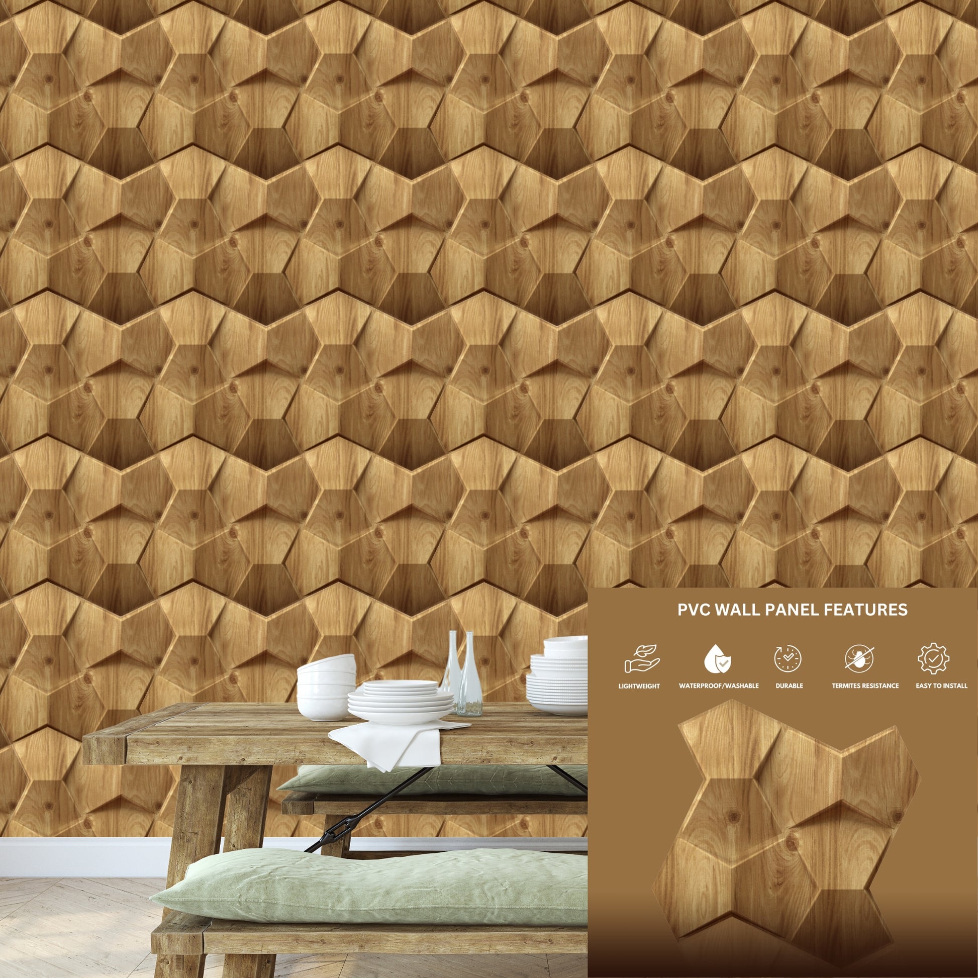 Beech Wood 3D Wall Panels Hexa quarter Design