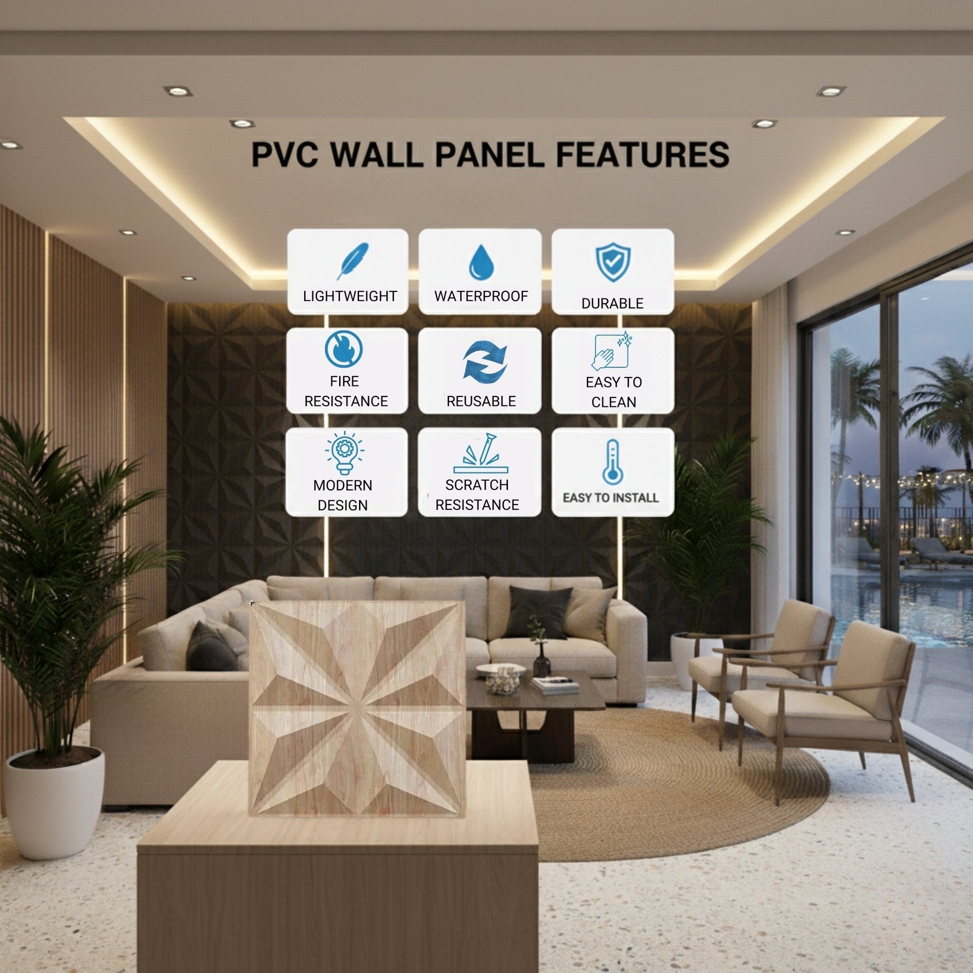 Beech Wood Crystal  Design 3D Wall Panel Front View-3