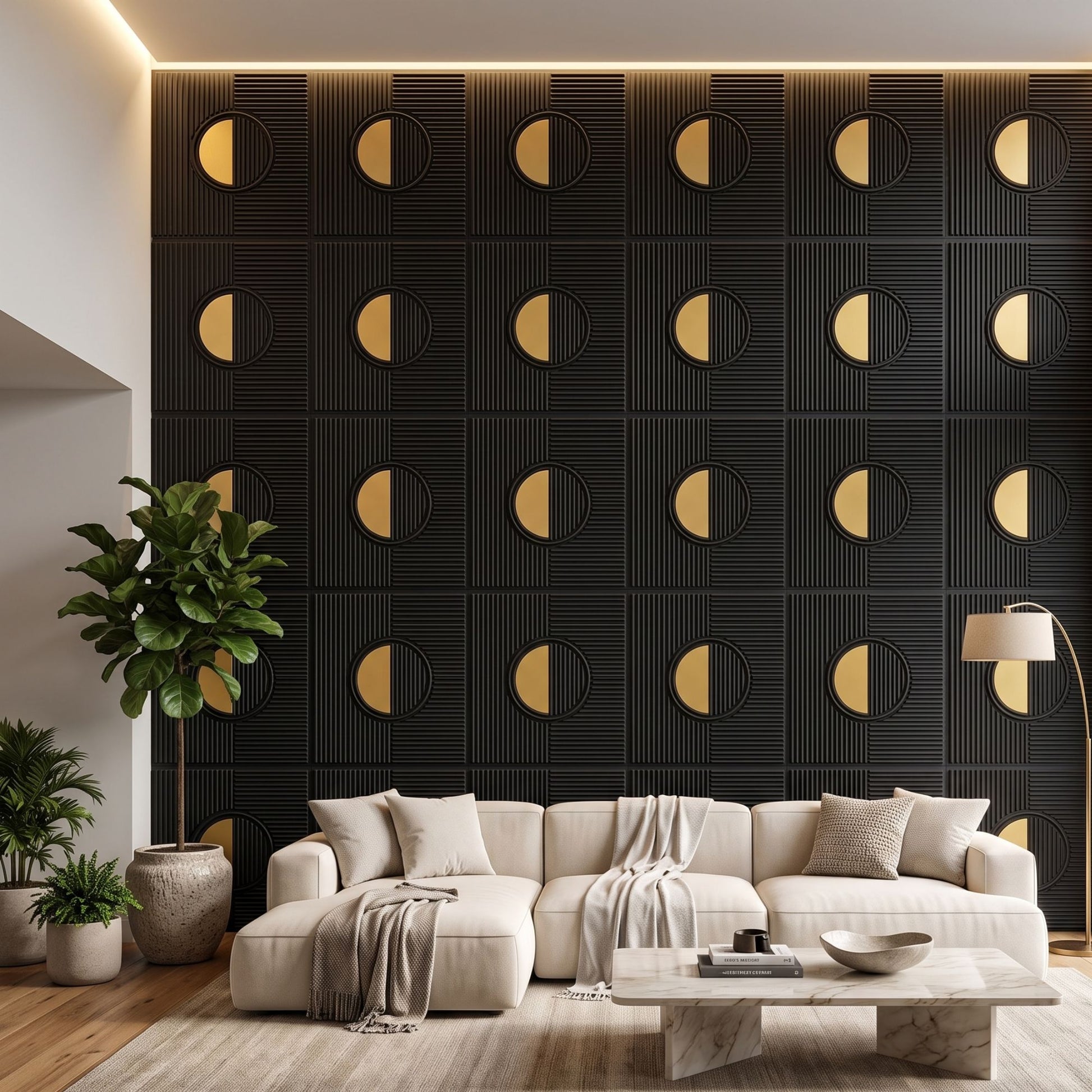 Black - Gold Self Adhesive PVC wall Panels Fluted Circle Design
