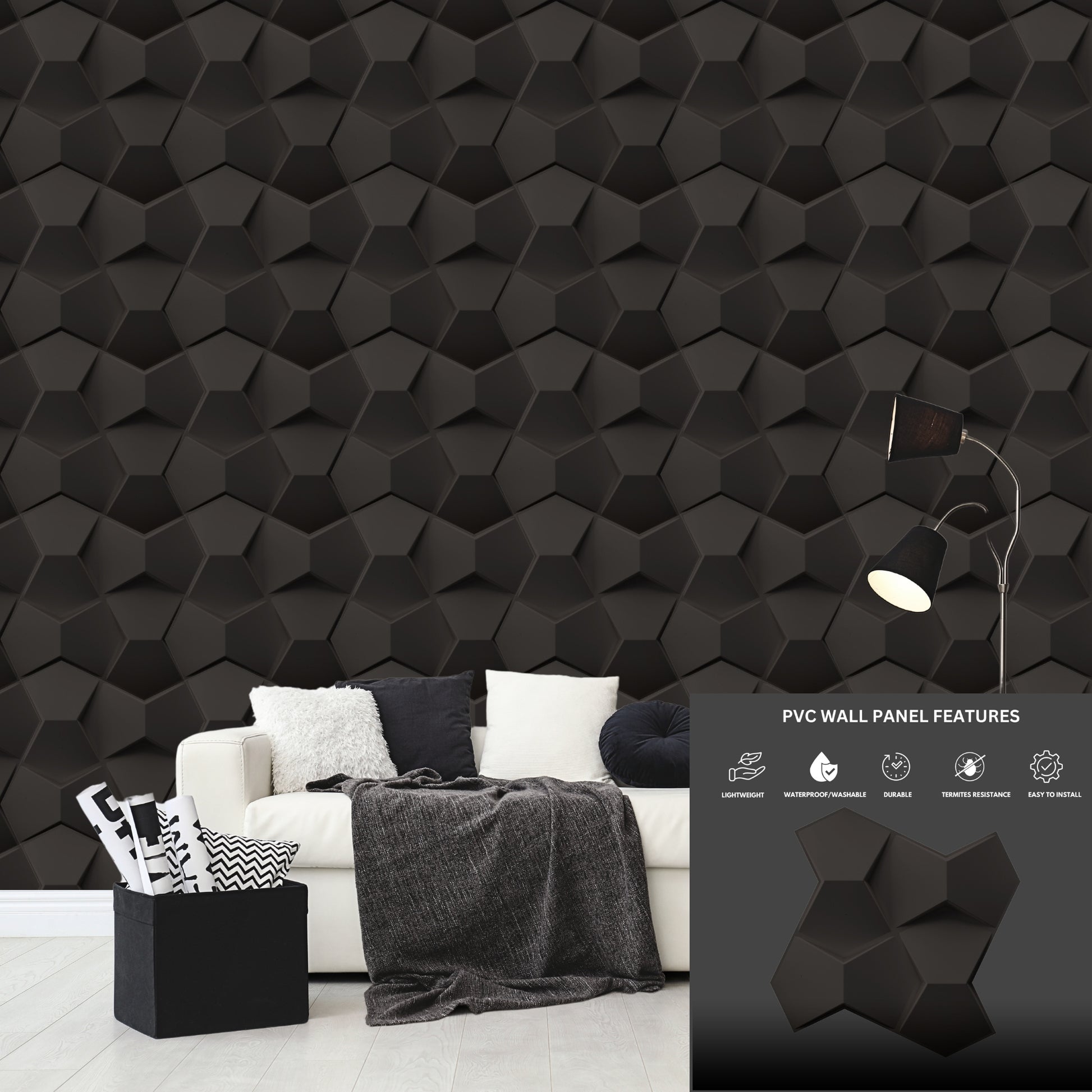 black 3D Wall Panels Small Diamond Design