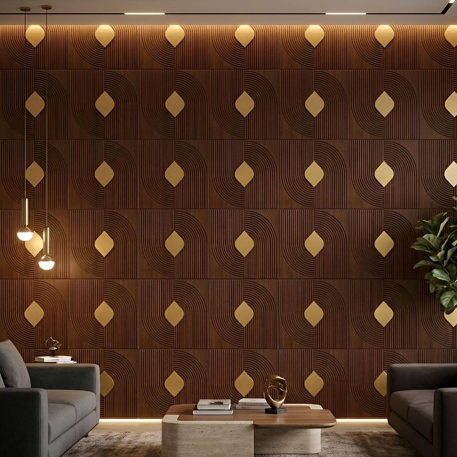 Black Wood 3D Wall Panels Curve Line Design
