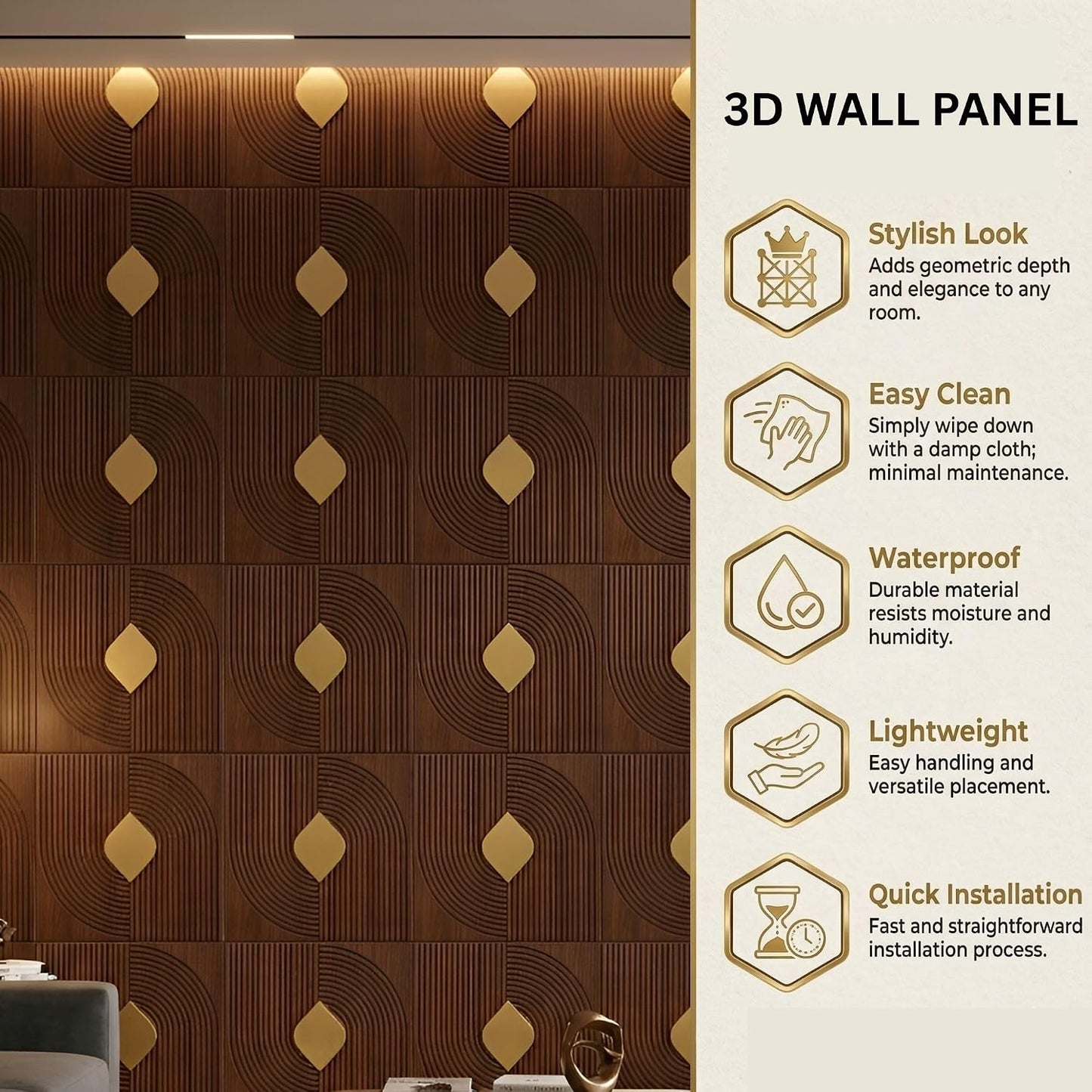 Walnut wood - Copper Self Adhesive PVC wall Panels Curve Line Design
