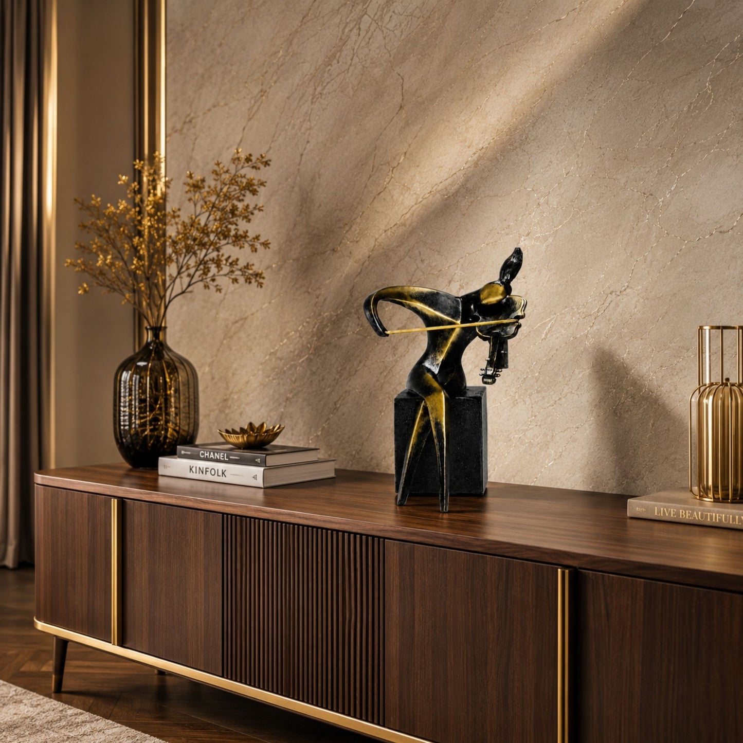 Black and Gold Abstract Musician Sculpture with Violin for Home Decor-1